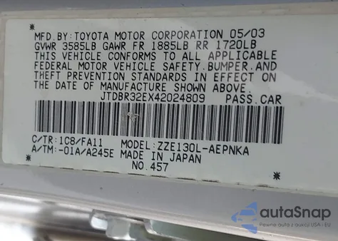 2004 Toyota Corolla Le z USA, uszkodzony, nr VIN JTDBR32EX42024809